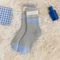 Détail chaussettes bouclette hiver rayées grises, chaussettes mi-hautes chaudes femme. - Taille unique / Double Rayures