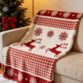 Cozy Christmas fleece blanket with reindeer and snowflake pattern for sofa and office use. - Red and White Reindeer (Double-Sided Fleece, Single-Sided Print)