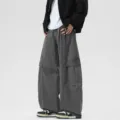 American vintage curved wide leg cargo jeans loose casual denim trousers for men streetwear - S / Gray