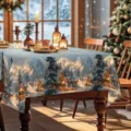 Kersttafelkleed met winterachtig besneeuwd dorpspatroon voor feestelijke decoratie van de eettafel. - ZB697-14 Stijl