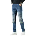 Jeans de hombre azul bolsillos múltiples patchwork desgastado moto, pantalón elástico. - 28 / Azul