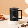 Tasse a cafe isotherme en acier inoxydable noir 480ml avec couvercle double paroi - Couvercle Plat / Noir