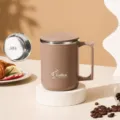 Tasse à café en acier inoxydable isolée avec couvercle et poignée 480ml marron - Couvercle Plat / Marron