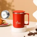 Tasse à café isotherme en acier inoxydable rouge 480ml avec couvercle pour le bureau. - Couvercle Plat / Rouge