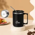 Schwarzer Edelstahl Isoliertasse mit Deckel und Strohhalm 480ml Kaffeetasse Variante. - Deckel mit Strohhalm / Schwarz