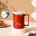 304 Edelstahl Isoliert Tasse 480ml Kaffeetasse mit Deckel und Strohhalm Rot Büro Trinkbecher - Deckel mit Strohhalm / Rot