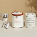 Porta pranzo isolato a doppio strato in acciaio inossidabile con borsa pratica, 1040ml. - Uno Grande Uno Piccolo con Borsa Isoterma e Posate / Bianco avorio