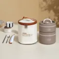 scatola per pranzo isolata in acciaio inox 304 bento a doppio strato contenitore cibo - Uno Grande Uno Piccolo con Borsa Isoterma e Posate / Caffè Marrone