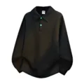 Schwarzes, strukturiertes Herren Polo-Sweatshirt, lässiges, weites Langarm-Oberteil. - L / Oberteile / Schwarz
