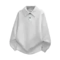 Herren weißes strukturiertes Langarm Polo Sweatshirt, lässiges loses Pullover Oberteil. - L / Oberteile / Weiß
