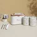 Set lunch box isolato in acciaio inossidabile, bento portatile 2080ml con borsa per ufficio. - Due Grandi Due Piccoli con Borsa Isoterma e Posate / Bianco avorio