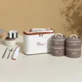Set di port pranzo isolato portatile con contenitori in acciaio inossidabile e borsa termica. - Due Grandi Due Piccoli con Borsa Isoterma e Posate / Caffè Marrone