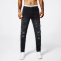 Heren zwarte gescheurde slim fit jeans met holografische kniestukken, elastische casual broek. - 29 / Zwart