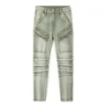 Men's slim fit distressed biker jeans with pleated knees and stretch denim for edgy streetwear style. - 28 / Green