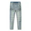 Men slim fit light blue stretch distressed biker denim jeans with pleated knee panels casual pants - 28 / Blue