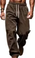 Men's brown corduroy casual pants loose straight leg trousers with white drawstring detail - S / Brown