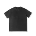 Close-up detail of the vintage washed dark grey short sleeve t-shirt, relaxed basic fit. - Black