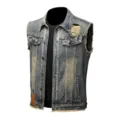 Men's Vintage Washed Blue Denim Vest Sleeveless Distressed Jean Jacket with Pockets - M / Nostalgic Color