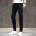 Herren schwarze zerrissene Biker Jeans Stretch Slim Fit freizeithose 2024 neue Mode stil - 28 / Schwarz