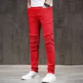 Herren Rote Destroyed Biker Jeans Slim Fit Stretch Denim Hosen Freizeithosen Neu - 28 / Rot