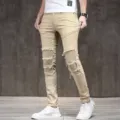 Herren Slim Fit Biker Distressed Khaki Denim Jeans Stretch Freizeit Lange Hose - 28 / Khaki