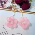 Elegant pink flower drop earrings with pearl studs and crystal centers for women fashion style. - 65# Pink Resin Flower Gold Fine Rod Pearl Style