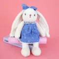 Cute floppy-eared plush bunny toy wearing a blue floral dress and bow, soft stuffed rabbit doll. - Denim Headband Style / Blue
