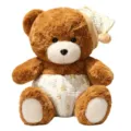 Cute brown teddy bear plush toy with sleeping cap and floral pants, soft doll gift. - Chocolate / 26cm