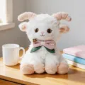 Simpatico peluche di agnello con fiocco rosa e corna curve, morbida bambola di peluche. - Pecora nuvola (Posizione seduta 2) / 25cm