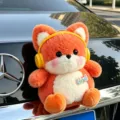 Cute car rear plush doll ornament with headphones, orange cartoon animal tail pendant for trunk. - Red Fox