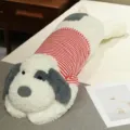 Cute dressed dog long plush body pillow for sleeping, soft strip shirt hugging cushion for bed sofa. - 95cm / 1.2kg / Faux Rabbit Fur Off-White
