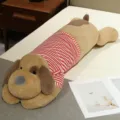 Cute long dog plush pillow toy with red striped shirt, soft sleeping body pillow and bed cushion. - Faux Rabbit Fur Light Brown (Red and White Stripes)