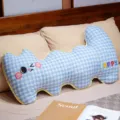 Blue checkered cat shaped long bolster pillow for sleeping, soft bed cushion and leg support. - Blue Winking Style