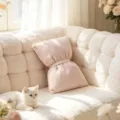 Pink knitted bow throw pillow for sofa, cozy plush cushion, cute home decor aesthetic. - Bow / 40x50cm / Beige