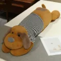 Cute brown plush dog long body pillow with striped shirt, soft sleeping bolster for girls. - Faux Rabbit Fur Dark Brown (Black and White Stripes)