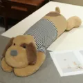 Cute stuffed dog long pillow wearing a striped shirt, soft plush bolster for sleeping and side rest. - Faux Rabbit Fur Light Brown (Black and White Stripes)