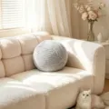 Grey round knitted throw pillow for sofa, cozy plush ball cushion for living room decor. - Sphere / 20cm / Gray