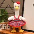 Graziosa peluche di anatra a gambe lunghe con vestito rosso e cappello, bambola decorativa. - Anatra in piedi con gonna rossa e righe blu