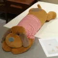 Cute Dressed Dog Long Plush Pillow Toy Striped Shirt Side Sleeping Hugging Cushion for Bed - Faux Rabbit Fur Dark Brown (Red and White Stripes)