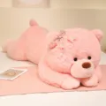 Gran oso de peluche rosa tumbado con lazo bonito, muñeca suave de abrazo para niñas. - Rosa