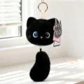 Grazioso portachiavi in peluche gatto nero con occhi eterocromi e coda soffice. - Pendaglio gatto Muyu da preghiera a corda da 10 cm - Gatto nero