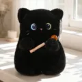 Cute black cat plush toy holding a wooden fish pendant, soft stuffed doll keychain for bags. - 13cm Praying Muyu Cat Ornament - Black Cat (Sound Enabled)