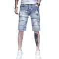 Mens light blue distressed denim shorts, casual ripped retro five-point summer pants. - 28 / Light Blue