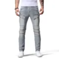 Ανδρικό Ανοιχτό Μπλε Slim Biker Jean Φθαρμένο Patchwork Στενό Παντελόνι Denim Μόδας - 28 / Μπλε