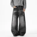 Black washed distressed baggy wide leg jeans for men and women, casual retro denim pants - S / Black