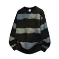 Herren lässiger schwarz-grauer gestreifter Rundhalsausschnitt Pullover Oversize Top - L / Oberteile / Schwarz