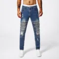 Men's slim fit distressed blue denim jeans with biker ribbed knees and stretch style. - 29 / Blue