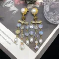 Vintage antique style crystal pearl tassel earrings elegant retro drop jewelry for women - Shiny Gold Stud