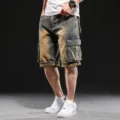 Men Denim Cargo Shorts Casual Loose Multi-Pocket Knee Length Vintage Blue Size XL - 30 / Retro Yellow