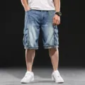 Men's denim cargo shorts, loose fit six-pocket casual denim trousers, plus size style. - 30 / Light Blue